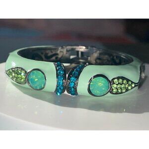 Jeweled Green Cabochon Enamel Bracelet With Blue & Green Rhinestones In Antique
